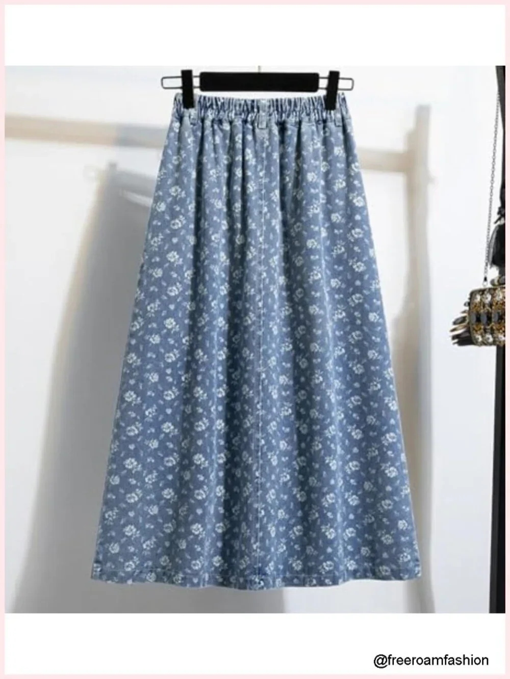 Vintage Floral Print Denim Skirt High Elastic Waist A-Line Midi Long with